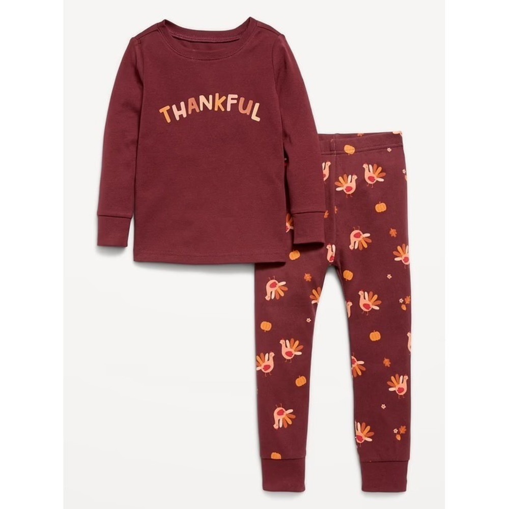 Old Navy 5T Thankful Turkey Pajamas Burgundy Thanksgiving 2pc NWT 100% cotton